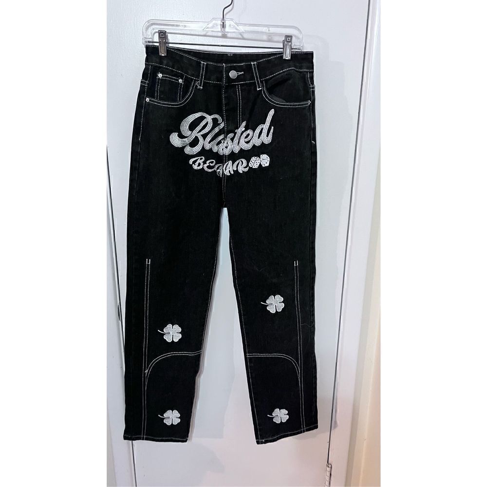 Supermade Men's Letter Lucky Clover Embroidered Baggy Jeans Black Size Medium St